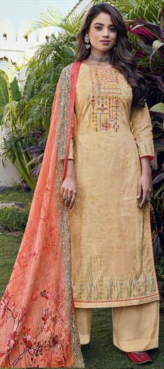 Festive, Party Wear Beige and Brown color Salwar Kameez in Cotton fabric with Palazzo Digital Print, Resham, Thread work : 1790723