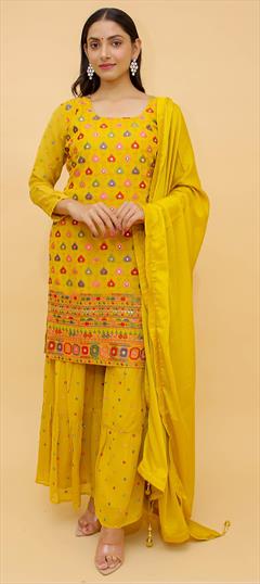 Party Wear Yellow color Salwar Kameez in Chiffon fabric with Sharara Sequence, Thread work : 1791085