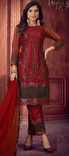 Festive, Party Wear Red and Maroon color Salwar Kameez in Net fabric with Straight Embroidered, Sequence, Thread work : 1791383