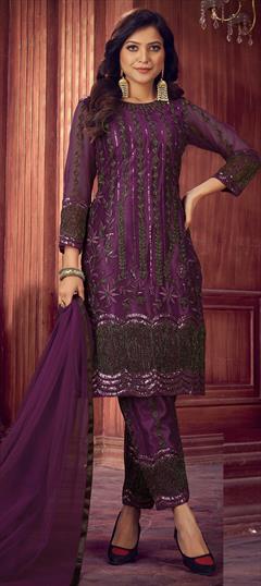 Festive, Party Wear Purple and Violet color Salwar Kameez in Net fabric with Straight Embroidered, Sequence, Thread work : 1791384
