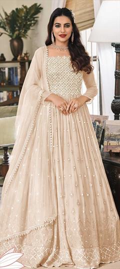Mehendi Sangeet, Party Wear, Reception, Wedding Beige and Brown color Salwar Kameez in Faux Georgette fabric with Anarkali Embroidered, Lace, Sequence, Thread work : 1792698