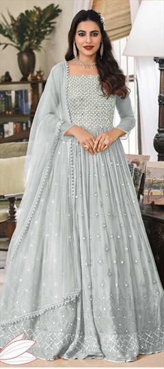 Mehendi Sangeet, Party Wear, Reception, Wedding Black and Grey color Salwar Kameez in Faux Georgette fabric with Anarkali Embroidered, Lace, Sequence, Thread work : 1792703