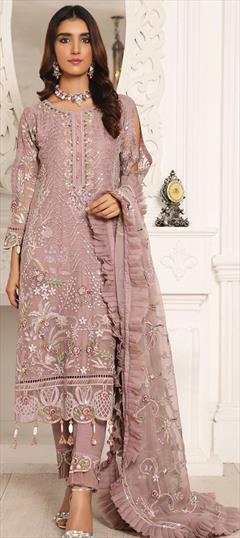 Festive, Party Wear Beige and Brown color Salwar Kameez in Net fabric with Pakistani, Straight Embroidered, Resham, Thread work : 1792857