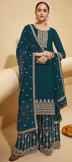 Festive, Party Wear Blue color Salwar Kameez in Georgette fabric with Palazzo Embroidered, Swarovski, Thread work : 1793171
