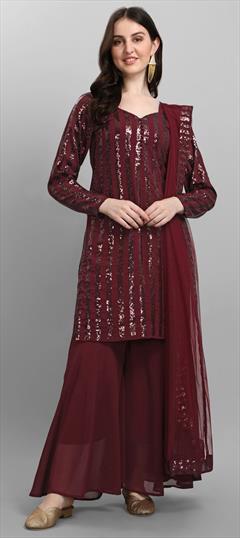 Festive, Party Wear Red and Maroon color Salwar Kameez in Faux Georgette fabric with Palazzo Sequence work : 1795569