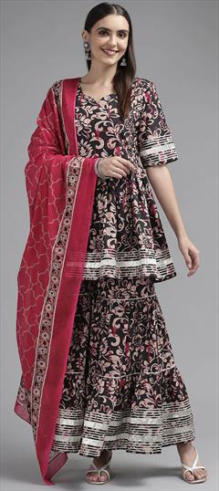 Party Wear Black and Grey color Salwar Kameez in Cotton fabric with Sharara Gota Patti, Printed work : 1796321