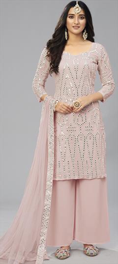 Festive, Party Wear Pink and Majenta color Salwar Kameez in Georgette fabric with Palazzo Foil Print, Mirror, Thread work : 1796382