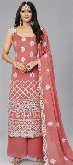 Festive, Party Wear Orange color Salwar Kameez in Georgette fabric with Palazzo Foil Print, Mirror, Thread work : 1796385