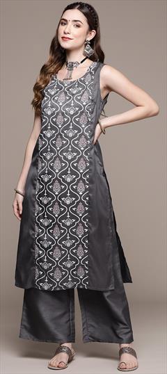 Party Wear Black and Grey color Tunic with Bottom in Poly Silk fabric with Printed work : 1797004
