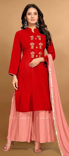 Festive, Party Wear Red and Maroon color Salwar Kameez in Rayon fabric with Palazzo Embroidered, Thread work : 1797575