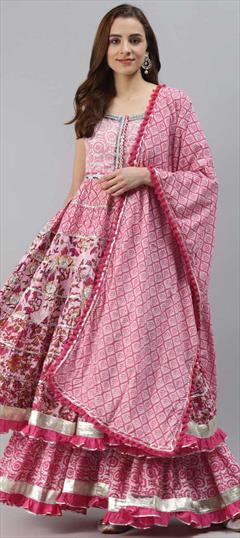 Festive, Party Wear Pink and Majenta color Salwar Kameez in Cotton fabric with Palazzo Floral, Lace, Printed work : 1797724