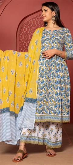 Festive, Party Wear Blue, Yellow color Salwar Kameez in Cotton fabric with Palazzo Printed, Sequence, Thread, Zardozi work : 1798056