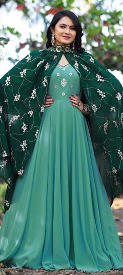 Engagement, Mehendi Sangeet Green color Gown in Faux Georgette fabric with Embroidered, Sequence, Thread, Zari work : 1798271