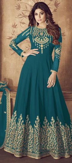 Bollywood Blue color Salwar Kameez in Faux Georgette fabric with Anarkali Embroidered, Stone, Thread, Zari work : 1799249