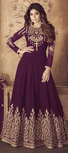 Bollywood Purple and Violet color Salwar Kameez in Faux Georgette fabric with Anarkali Embroidered, Stone, Thread, Zari work : 1799251