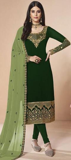 Festive, Party Wear Green color Salwar Kameez in Faux Georgette fabric with Churidar, Straight Embroidered, Stone, Thread, Zari work : 1799265