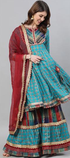 Festive, Mehendi Sangeet, Party Wear Blue color Salwar Kameez in Rayon fabric with Sharara Printed, Weaving work : 1799522