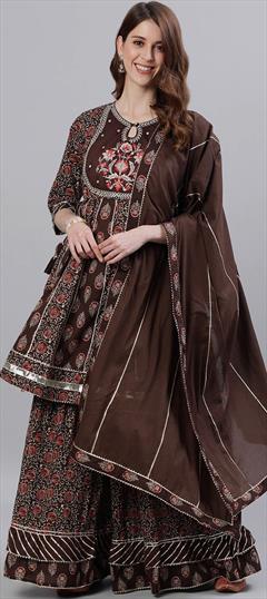Festive, Mehendi Sangeet, Party Wear Beige and Brown color Salwar Kameez in Cotton fabric with Sharara Embroidered, Thread work : 1799525