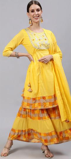 Festive, Mehendi Sangeet, Party Wear Yellow color Salwar Kameez in Cotton fabric with Sharara Embroidered, Printed work : 1799538