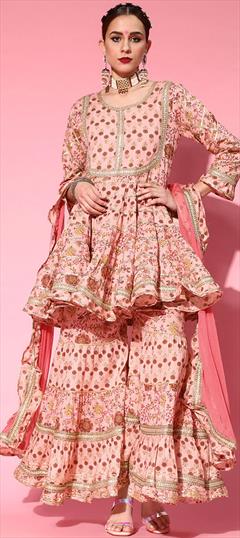 Festive, Reception Pink and Majenta color Salwar Kameez in Cotton fabric with Sharara Embroidered, Gota Patti, Printed work : 1799556