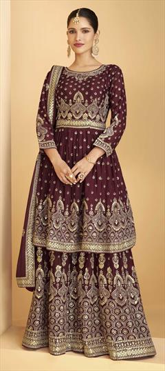 Mehendi Sangeet, Reception Red and Maroon color Salwar Kameez in Faux Georgette fabric with Sharara Embroidered, Sequence, Thread work : 1800403