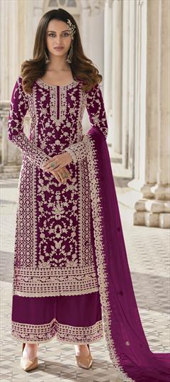 Festive, Party Wear, Reception Purple and Violet color Salwar Kameez in Net fabric with Pakistani, Palazzo Embroidered, Stone, Thread work : 1800572