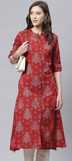 Casual Red and Maroon color Kurti in Cotton fabric with Straight Printed work : 1801729