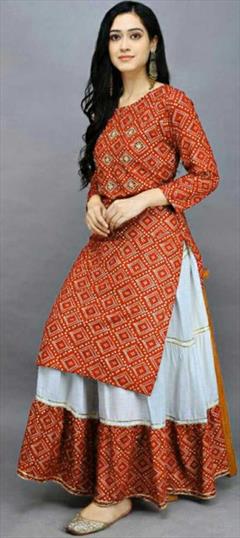Party Wear Orange color Tunic with Bottom in Rayon fabric with Bandhej, Lace, Printed work : 1801994