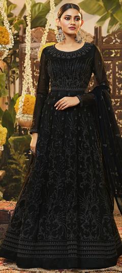 Festive, Party Wear Black and Grey color Salwar Kameez in Net fabric with Anarkali Thread, Zari work : 1802199