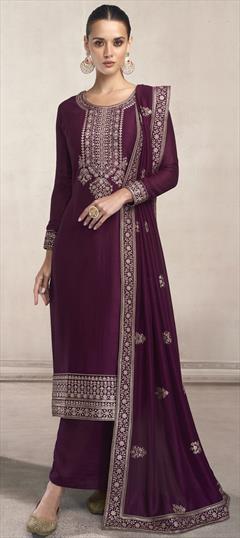 Party Wear, Reception Purple and Violet color Salwar Kameez in Premium Silk fabric with Straight Embroidered, Sequence, Thread, Zari work : 1802496