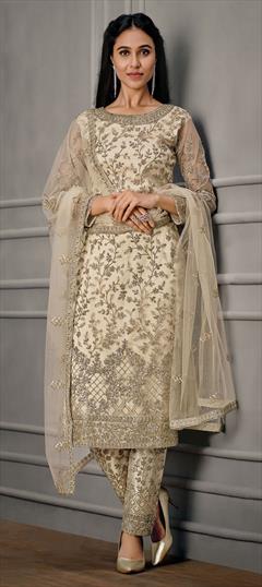 Festive, Party Wear Beige and Brown color Salwar Kameez in Net fabric with Straight Line Embroidered, Stone, Thread, Zari work : 1803381