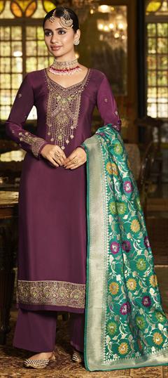 Festive, Party Wear Purple and Violet color Salwar Kameez in Crepe Silk fabric with Straight Embroidered, Lace, Thread work : 1804784