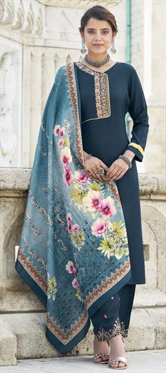 Festive, Party Wear Blue color Salwar Kameez in Rayon fabric with Straight Embroidered, Thread work : 1805642