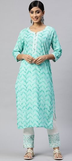 Party Wear Blue color Salwar Kameez in Cotton fabric with Straight Embroidered, Printed, Resham, Thread work : 1805969