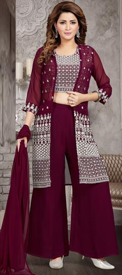 Engagement, Reception Purple and Violet color Salwar Kameez in Faux Georgette fabric with Palazzo Embroidered, Resham, Thread work : 1806981