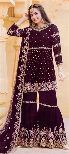 Reception, Wedding Purple and Violet color Salwar Kameez in Faux Georgette fabric with Pakistani, Sharara Embroidered, Stone, Thread, Zari work : 1807043