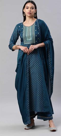 Engagement, Festive, Party Wear Blue color Salwar Kameez in Rayon fabric with Straight Embroidered, Foil Print, Thread work : 1807437