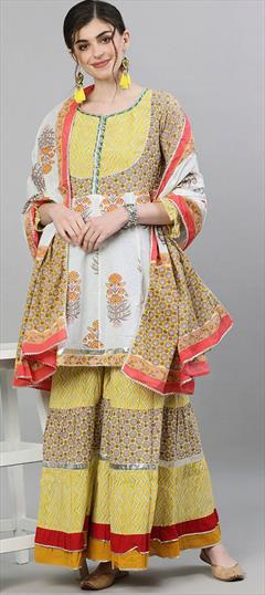 Festive, Party Wear White and Off White, Yellow color Salwar Kameez in Cotton fabric with Sharara Printed work : 1808115