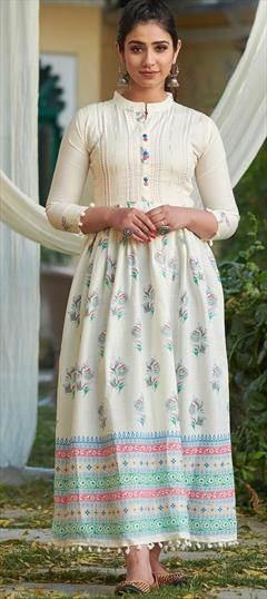 Casual White and Off White color Kurti in Rayon fabric with Anarkali, Long Sleeve Printed work : 1808714