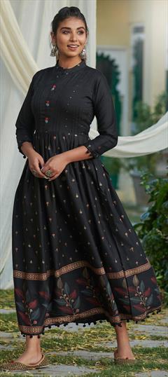 Casual Black and Grey color Kurti in Rayon fabric with Anarkali, Long Sleeve Printed work : 1808724