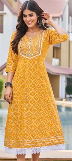 Casual Yellow color Kurti in Rayon fabric with Anarkali, Long Sleeve Embroidered, Printed work : 1808729