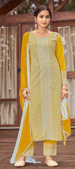Festive, Party Wear Yellow color Salwar Kameez in Rayon fabric with Straight Resham, Sequence, Thread work : 1809169