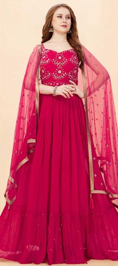 Reception, Wedding Pink and Majenta color Gown in Faux Georgette fabric with Bugle Beads, Cut Dana, Sequence work : 1809985