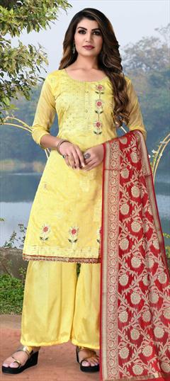 Party Wear Yellow color Salwar Kameez in Chanderi Silk fabric with Straight Sequence, Thread work : 1810366