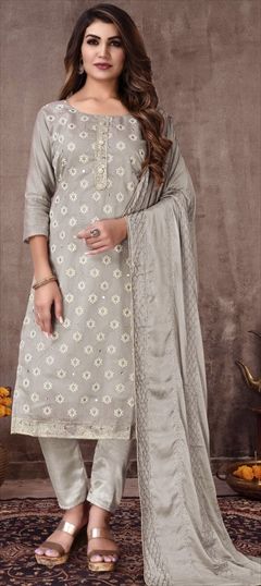 Festive, Party Wear Black and Grey color Salwar Kameez in Chanderi Silk fabric with Straight Gota Patti, Thread work : 1810386