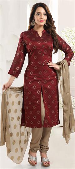 Party Wear Red and Maroon color Salwar Kameez in Brocade fabric with Churidar, Straight Weaving work : 1811494