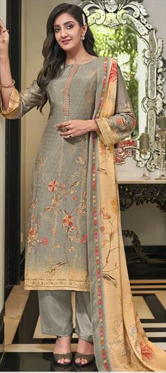 Festive, Party Wear Black and Grey color Salwar Kameez in Muslin fabric with Straight Digital Print, Embroidered, Floral, Zardozi work : 1811603