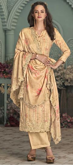 Festive, Party Wear, Reception Beige and Brown color Salwar Kameez in Muslin fabric with Straight Embroidered, Floral, Printed, Thread, Zari work : 1811610