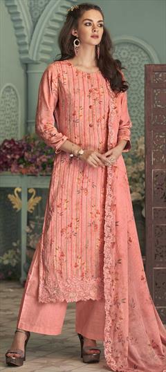 Festive, Party Wear, Reception Pink and Majenta color Salwar Kameez in Muslin fabric with Straight Embroidered, Floral, Printed, Thread, Zari work : 1811614