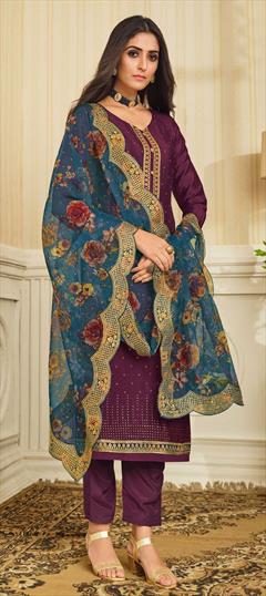 Festive, Reception Purple and Violet color Salwar Kameez in Chiffon fabric with Straight Digital Print, Embroidered, Resham, Sequence, Stone, Zari work : 1811655